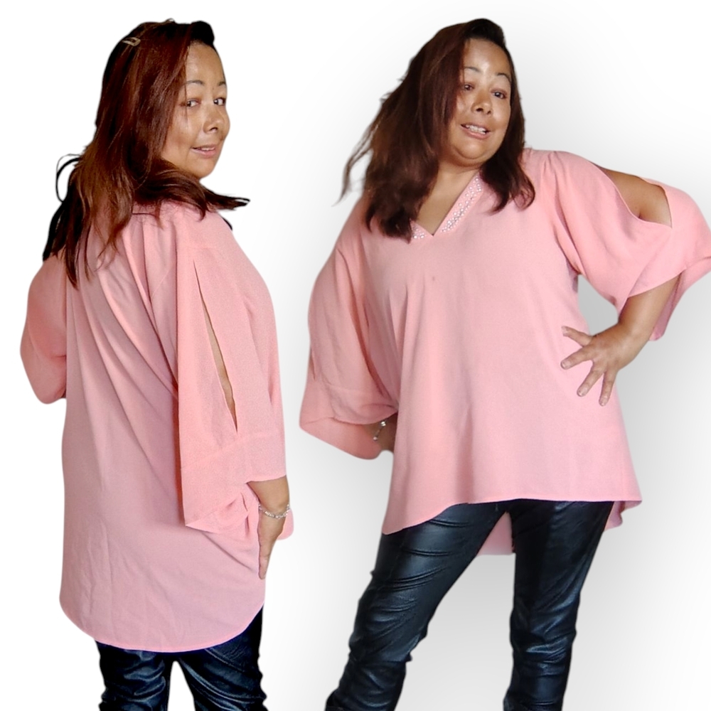 Chaus NY Women's XL Light Pink Cold Shoulder Tunic Top With Rhinestones